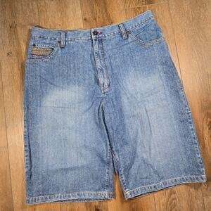 96 NORTH Men’s 40 Denim Shorts Distressed Embroidered Wide Leg Baggy Y2K Style